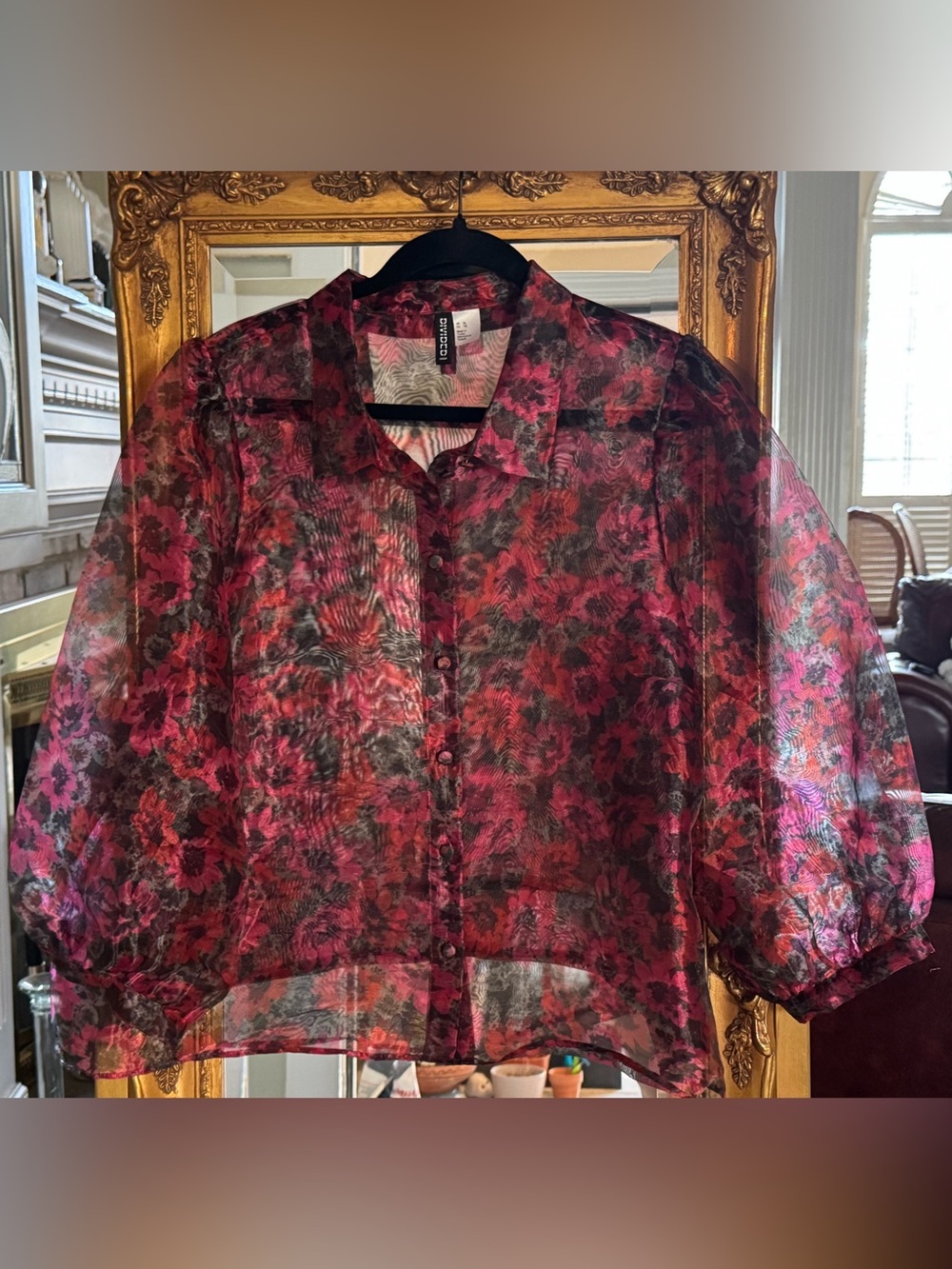 H&M Divided Sheer Floral organza Button-Up Blouse - Pink/Black